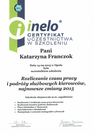 Certyfikat uczestnictwa w szkoleniu - Rozliczanie czasu pracy i podróży służbowych kierowców, najnowsze zmiany