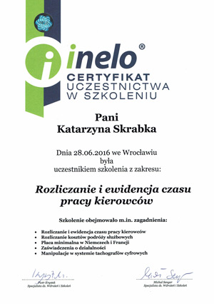 Certyfikat uczestnictwa w szkoleniu - Rozliczanie i ewidencja czasu pracy kierowców