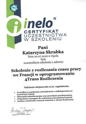 Certyfikat uczestnictwa w szkoleniu - Szkolenie z rozliczania czasu pracy we Francji w oporgramowaniu 4Trans Rozliczenia