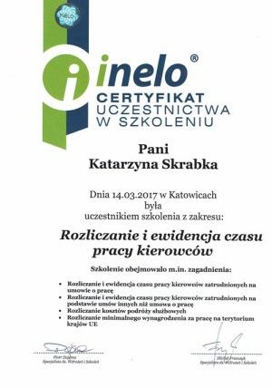 Certyfikat uczestnictwa w szkoleniu - Rozliczanie i ewidencja czasu pracy kierowców