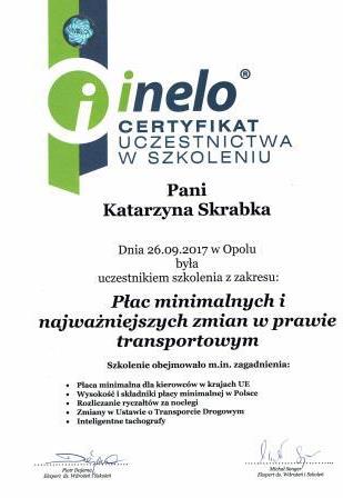 Certyfikat uczestnictwa w szkoleniu - Płace minimalne i najważniejsze zmiany w prawie transportowym