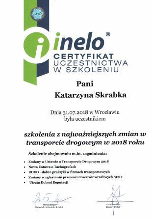 Certyfikat uczestnictwa w szkoleniu - Najważniejsze zmiany w transporcie drogowym w 2018