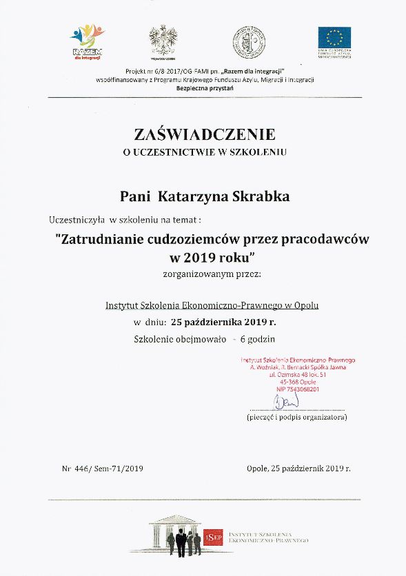 Zaświadczenie o uczestnictwie w szkoleniu - Zatrudnienie cudzoziemców przez pracodawców w 2019 roku